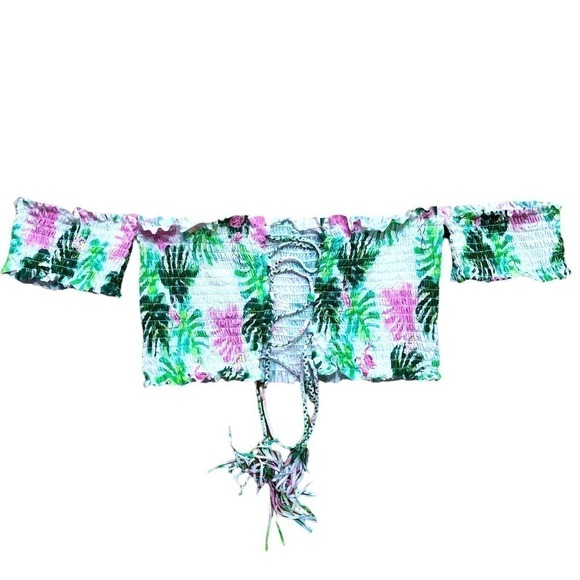 PILYQ Tropical Floral Smocked Off Shoulder Reversible Bikini Top NWT Cup Size D - Picture 7 of 16